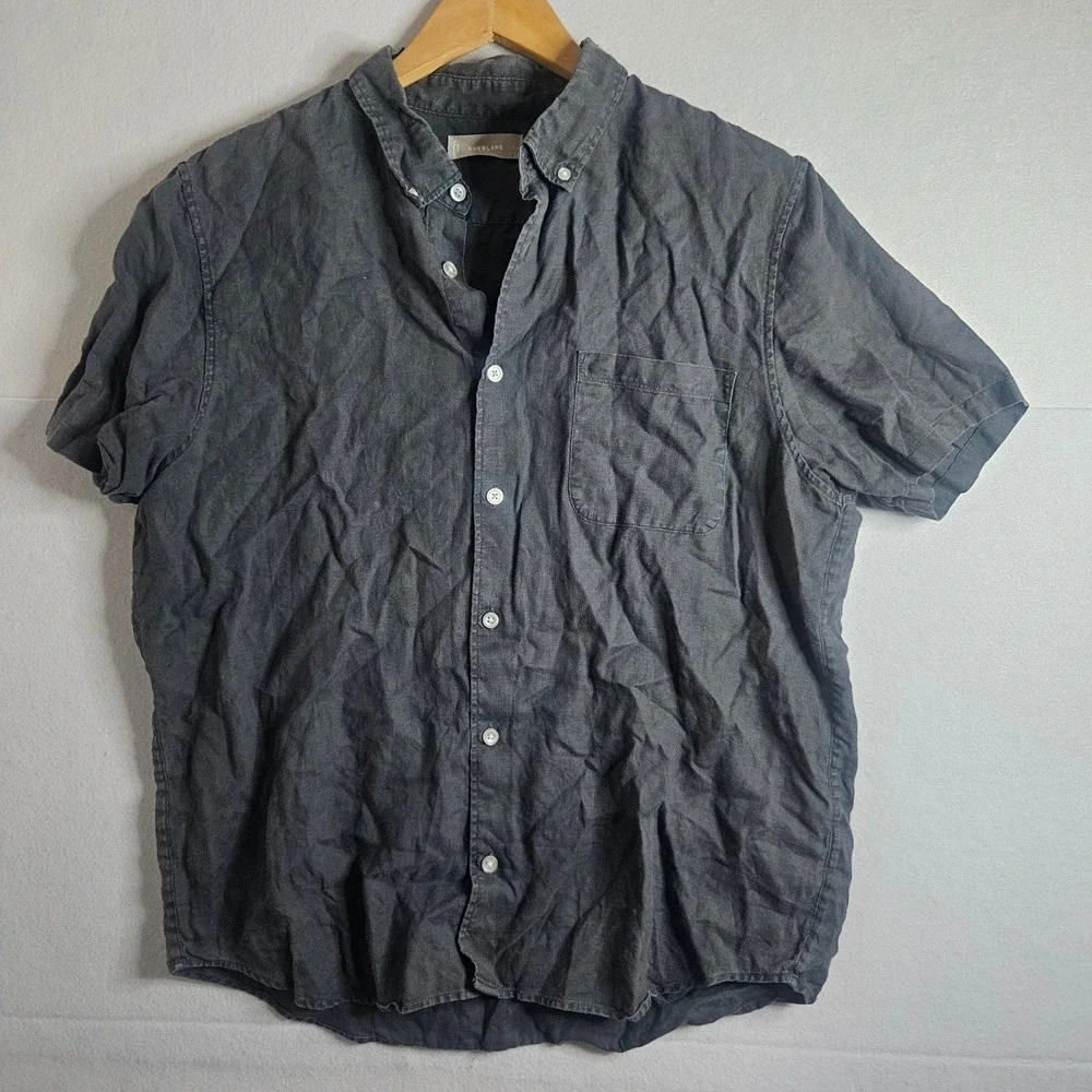 Everlane Mens Linen Short Sleeve Button Down Shirt Charcoal Grey Large L Pocket